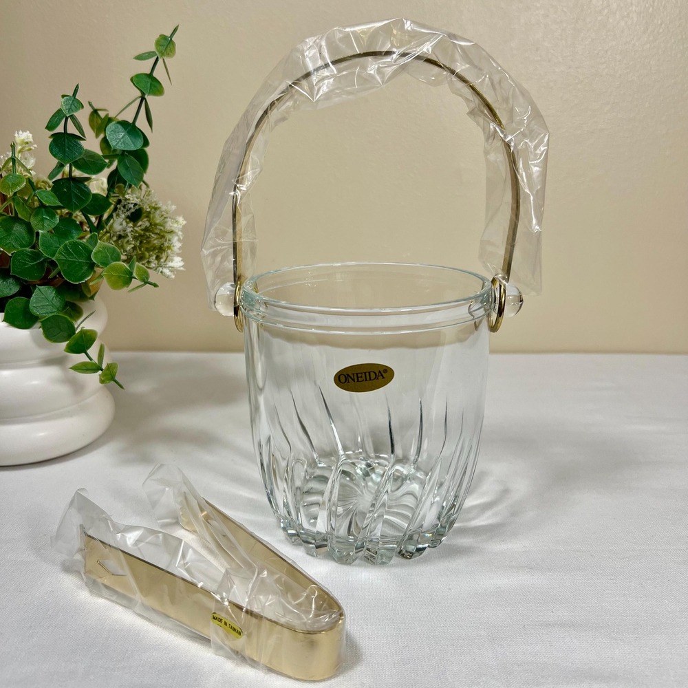 Vintage Crystal Oneida Ice Bucket with Gold Tongs | New without Box - Picture 5 of 10